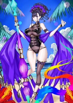 1girl armlet bare_shoulders beach black_gloves black_one-piece_swimsuit black_sandals blue_sky breasts center-flap_bangs cloud covered_navel curvy fanged_bangs fate/grand_order fate_(series) fingerless_gloves flower foot_out_of_frame game_cg gloves groin hair_flower hair_ornament half_gloves halterneck hands_up high_collar highleg highleg_one-piece_swimsuit holding holding_brush honjou_raita horizon jewelry large_breasts layered_one-piece_swimsuit lens_flare looking_at_viewer looking_to_the_side murasaki_shikibu_(fate) murasaki_shikibu_(swimsuit_rider)_(first_ascension)_(fate) ocean official_art one-piece_swimsuit oversized_object palm_tree parted_lips ponytail purple_eyes purple_hair purple_one-piece_swimsuit purple_shawl sand sandals shawl short_hair_with_long_locks short_ponytail single_detached_legging sky solo striped_clothes striped_one-piece_swimsuit swimsuit tassel third-party_source tree variant_set vertical-striped_clothes vertical-striped_one-piece_swimsuit wide_ponytail