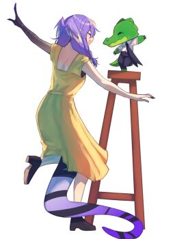 Rule 34 | 1girl, alligator, black footwear, braid, collared shirt, commission, crocodilian, dancing, dragon tail, dress, head wings, high heels, highres, jess (p2eocene), la la land, leg up, nijisanji, nijisanji en, parody, purple hair, selen tatsuki, shirt, solo focus, stool, tail, twin braids, virtual youtuber, white background, white shirt, wings, yellow dress