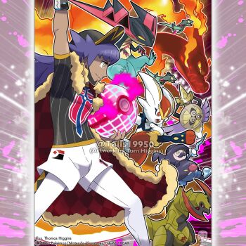 1boy aegislash arm_up artist_name baseball_cap black_hair black_sclera black_shirt blue_shorts bright_pupils cane cape champion_uniform charizard checkered_cape checkered_clothes cinderace claws closed_mouth colored_sclera commentary company_name copyright_notice dark-skinned_male dark_skin dragapult dreepy dynamax dynamax_ball dynamax_band english_commentary facial_hair fire from_side fur-trimmed_cape fur_trim gen_1_pokemon gen_5_pokemon gen_6_pokemon gen_8_pokemon gigantamax gigantamax_charizard hat haxorus highres holding holding_cane holding_poke_ball holding_shield instagram_username leon_(pokemon) long_hair male_focus merchandise_available mismatched_facial_hair mr._rime mustache nintendo official_style one-eyed open_mouth orange_eyes outline poke_ball pokemon pokemon_(creature) pokemon_swsh pokemon_team purple_hair red_cape red_eyes shield shirt short_sleeves shorts smile split_mouth teeth tom_higgins upper_teeth_only v-shaped_eyes watermark white_outline white_pupils yellow_eyes