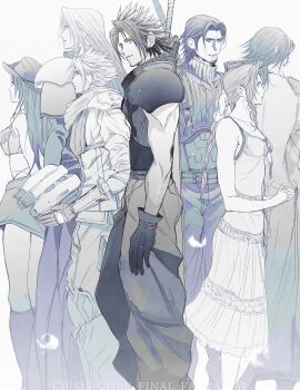 2b_fff 2girls 5boys aerith_gainsborough angeal_hewley armor armored_gloves baggy_pants bare_arms bare_shoulders blue_eyes braid braided_ponytail breasts buster_sword cloud_strife cowboy_hat crisis_core:_final_fantasy_vii cropped_vest dress facial_hair feet_out_of_frame final_fantasy final_fantasy_vii genesis_rhapsodos hat helmet highres holding holding_unworn_helmet long_dress long_hair medium_breasts midriff miniskirt multiple_boys multiple_girls own_hands_clasped own_hands_together pants parted_bangs pauldrons sephiroth sharp_teeth short_hair shoulder_armor sidelocks single_braid sketch skirt sleeveless sleeveless_dress sleeveless_turtleneck suspenders teeth tifa_lockhart turtleneck unworn_headwear unworn_helmet vest weapon weapon_on_back zack_fair