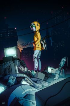 1girl android bag building cable city commentary computer computer_tower crt english_commentary game_console gamecube glasses glowing hand_in_pocket highres holding holding_rod hood hoodie junkyard looking_at_viewer matt_laskowski messenger_bag metal_hair night opaque_glasses original parted_lips procreate_(medium) radio_antenna robot_girl rod shoulder_bag signature sky skyscraper solo standing star_(sky) starry_sky static sunset television videocassette_recorder yellow_hoodie