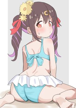1girl absurdres ass barefoot bikini blue_bikini blush border brown_hair closed_mouth drill_hair flower frilled_bikini frills from_behind grey_background hair_flower hair_ornament hair_ribbon highres jewelry looking_at_viewer multicolored_hair necklace onii-chan_wa_oshimai! orange_eyes outside_border oyama_mihari pearl_necklace pink_hair red_ribbon riannn_desu ribbon sitting solo sweatdrop swimsuit twin_drills twintails two-tone_hair v-shaped_eyebrows wariza white_border