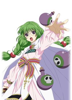 Rule 34 | 1girl, bomb, braid, cape, closed mouth, dress, explosive, game cg, glasses, green hair, hair ornament, holding, holding weapon, jewelry, lips, long hair, long sleeves, looking at viewer, official art, open mouth, philia felice, purple eyes, round eyewear, sash, solo, sphere hair ornament, standing, tales of (series), tales of asteria, tales of destiny, throwing, transparent background, twin braids, twintails, vial, weapon