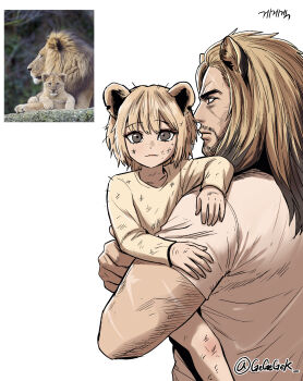 1boy 1girl absurdres animal_ears brown_eyes creature_and_personification gegegekman highres lion lion_boy lion_ears lion_girl looking_at_viewer multiple_scars original personification photo_inset reference_inset scar shirt short_hair signature white_background white_shirt yellow_shirt