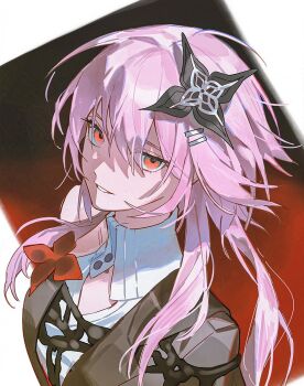 1girl ahoge buttons collar evernight_(honkai:_star_rail) flower hair_between_eyes hair_flower hair_ornament hairclip honkai:_star_rail honkai_(series) layered_clothes long_hair march_7th_(honkai:_star_rail) parallel_hairclips pink_hair red_background red_eyes single_bare_shoulder smile solo white_background yongsil