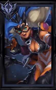 1girl alternate_costume animated animated_gif blue_hair bottomless bouncing_breasts breasts cleavage cleavage_cutout clothing_cutout cosplay crossover dark-skinned_female dark_skin darkstalkers fang felicia_(darkstalkers) green_eyes horns large_breasts long_hair mask monster_hunter_(series) nergigante nergigante_(cosplay) official_alternate_costume revealing_clothes solo tail teppen very_long_hair white_fur zipper