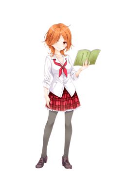 1girl black_pantyhose book brown_eyes brown_shoes closed_mouth full_body girlfriend_(kari) hair_over_one_eye holding holding_book loafers looking_at_viewer miniskirt neck_ribbon official_art orange_hair pantyhose plaid_clothes plaid_skirt pleated_skirt qp:flapper red_ribbon red_skirt ribbon school_uniform shirt shoes simple_background skirt sleeves_rolled_up smile solo standing thighs transparent_background white_shirt yoshinaga_wakana