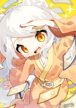 1girl animal_ear_fluff animal_ears charm_(object) commentary_request commission fang fox_ears fox_girl fox_tail hand_on_own_forehead haronin_fukke japanese_clothes kimono looking_at_viewer open_mouth original sandals skeb_commission solo tail white_fur white_hair yellow_eyes