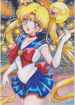 1girl absurdres bishoujo_senshi_sailor_moon blonde_hair blue_choker blue_eyes blue_sailor_collar bow breasts chikoto_(kztc4472) choker circlet collarbone commentary crescent crescent_earrings double_bun earrings elbow_gloves gloves hair_bun hair_ornament highres jewelry long_hair looking_at_viewer maboroshi_no_ginzuishou magical_girl medium_breasts moon moon_stick_(sailor_moon) red_choker sailor_collar sailor_moon sailor_senshi_uniform skirt smile solo tsukino_usagi twintails white_gloves