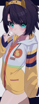 black_hair blush bottomless green_eyes highres hololive hood hooded_jacket jacket long_sleeves looking_at_viewer no_panties oozora_subaru oozora_subaru_(loungewear) ratsuku_kinoko short_hair thighs v virtual_youtuber