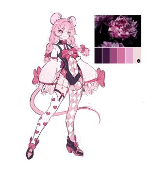 1girl absurdres adoptable animal_ear_fluff animal_ears argyle_bodysuit asymmetrical_legwear bare_shoulders belt black_belt black_boots black_leotard bodysuit bodysuit_under_clothes boots bow bowtie braid closed_mouth color_guide commentary detached_sleeves english_commentary eyelashes flower footwear_flower frilled_leotard frilled_sleeves frills full_body gradient_sleeves hair_between_eyes hair_bow high_heel_boots high_heels highres kookieln leotard long_hair long_sleeves looking_ahead low_twin_braids mismatched_legwear mouse_ears mouse_girl mouse_tail multicolored_bodysuit multicolored_boots original photo_inset pink_bodysuit pink_boots pink_bow pink_bowtie pink_eyes pink_flower pink_hair pink_rose pink_sleeves pink_theme polka_dot_sleeves puffy_long_sleeves puffy_sleeves reference_inset reference_sheet ribbed_thighhighs rose simple_background single_thighhigh sleeves_past_wrists smile solo tail tail_bow tail_ornament thigh_belt thigh_strap thighhighs twin_braids two-tone_bodysuit two-tone_boots two-tone_sleeves white_background white_bodysuit white_sleeves white_thighhighs