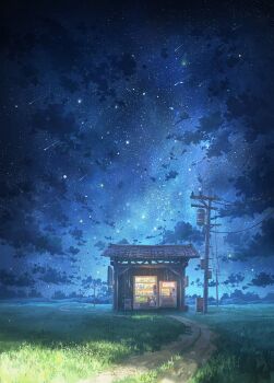 cloud cloudy_sky commentary cyclecircle english_commentary grass highres mountainous_horizon night no_humans original outdoors path power_lines road scenery shooting_star sky star_(sky) starry_sky utility_pole vending_machine