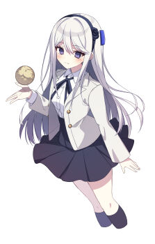 1girl absurdres black_hairband black_ribbon black_skirt blush closed_mouth collared_shirt commentary grey_background grey_hair hairband hashtag-only_commentary highres jacket kashimiya_karua long_hair long_sleeves looking_at_viewer mole neck_ribbon nurux2 open_clothes open_jacket purple_eyes ribbon shirt simple_background skirt smile solo the_hundred_line_-last_defense_academy- white_jacket white_shirt