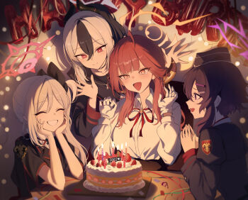 4girls absurdres aru_(blue_archive) birthday birthday_cake black_choker black_hoodie black_horns black_jacket blue_archive bright_pupils brown_horns cake candle candlelight choker closed_eyes commentary dated_commentary demon_horns dress_shirt food garrison_cap gloves grey_hair grey_halo grin hair_between_eyes hair_ornament hairclip halo happy_birthday happy_tears haruka_(blue_archive) hat highres hood hoodie horns jacket kayoko_(blue_archive) letter_balloon low_horns multicolored_hair multiple_girls mutsuki_(blue_archive) neck_ribbon okkimon open_mouth orange_eyes orange_halo problem_solver_68_(blue_archive) purple_eyes purple_hair purple_halo purple_jacket red_eyes red_halo ribbon shirt short_hair smile table tearing_up tears two-tone_hair untranslatable_commentary white_gloves white_pupils white_shirt