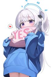 Rule 34 | 1girl, absurdres, black ribbon, blue archive, blue halo, blue jacket, blush, drawing flover, grey hair, hair ribbon, halo, heart, highres, holding, holding pillow, jacket, long hair, long sleeves, looking at viewer, miyako (blue archive), pillow, purple eyes, ribbon, side ponytail, simple background, solo, spoken heart, standing, thighs, white background, yes-no pillow