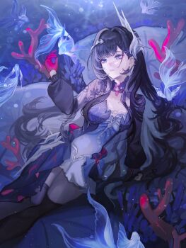 1girl absurdres black_hair black_thighhighs blue_dress bone breasts cleavage commentary coral dress fish gloves hair_ornament highres honkai:_star_rail honkai_(series) hysilens_(honkai:_star_rail) lankie large_breasts long_hair parted_lips purple_eyes purple_gloves see-through_clothes see-through_dress skeleton solo thighhighs thighs underwater very_long_hair