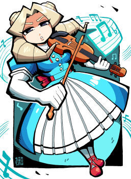 1girl aqua_dress artist_name back_ribbon blonde_hair bow_(music) commentary commission cross-laced_shoes digsaw dress drill_hair elbow_gloves gloves highres instrument justice_gakuen kirishima_yurika long_hair moero!_justice_gakuen music musical_staff pantyhose red_ribbon red_shoes ribbon shoes skeb_commission solo twin_drills violin white_gloves white_pantyhose