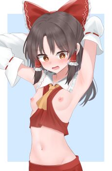1girl absurdres armpit_focus armpits arms_up ascot between_breasts blush bow breasts brown_eyes brown_hair clothes_between_breasts commentary_request dakuazu detached_sleeves frilled_bow frilled_hair_tubes frills groin hair_bow hair_tubes hakurei_reimu highres large_variant_set long_hair looking_down midriff navel nipples presenting_armpit red_bow red_skirt ribbon-trimmed_sleeves ribbon_trim skirt skirt_set small_breasts solo sweatdrop touhou variant_set yellow_ascot