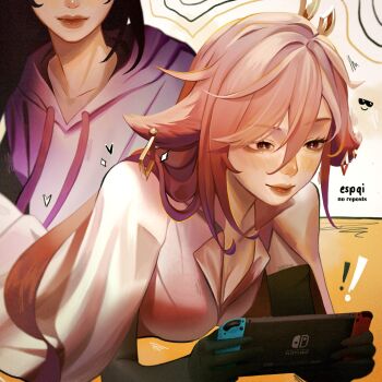 ! !! 2girls alternate_costume alternate_hairstyle animal_ears artist_name black_gloves breasts cleavage closed_mouth coat coat_on_shoulders collarbone commentary couple elbow_gloves english_commentary espqi faceless faceless_female formal_clothes fox_ears fox_girl genshin_impact gloves hair_ornament heart highres holding hood hood_down hoodie indoors large_breasts lower_body lying multiple_girls nintendo_switch on_stomach open_clothes open_coat playing_games purple_hoodie raiden_shogun raiden_shogun_(2nd_anniversary) red_lips suit thick_lips upper_body yae_miko yae_miko_(2nd_anniversary) yuri