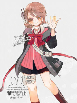 Rule 34 | 1girl, arm behind back, armband, arrow (projectile), belt buckle, black jacket, black skirt, black socks, blush, bow, bow (weapon), bowtie, brown eyes, brown hair, buckle, cardigan, choker, closed mouth, commentary request, earrings, feet out of frame, flipped hair, gekkoukan high school uniform, grey background, han (hn-khk), hand up, heart, heart choker, highres, holding, holding bow (weapon), holding weapon, holster, jacket, jewelry, kneehighs, looking at viewer, loose bowtie, miniskirt, open clothes, open hand, open jacket, pearl earrings, persona, persona 3, persona 3 reload, pink cardigan, pleated skirt, quiver, red armband, red bow, red bowtie, ribbed cardigan, s.e.e.s, school uniform, shirt, short hair, skirt, smile, socks, solo, takeba yukari, thigh holster, twitter username, waving, weapon, white choker, white shirt, wing collar