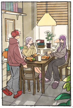 black_pants blunt_bangs bookshelf border breakfast brown_hoodie chair closed_eyes cup earrings fern_(sousou_no_frieren) food frieren grey_hair grey_pants grey_slippers grey_sweater highres holding holding_cup hood hood_down hoodie indoors jewelry long_hair looking_at_another off-shoulder_sweater off_shoulder pancake pants parted_bangs picture_frame plant pointy_ears potted_plant purple_eyes purple_hair purple_slippers red_hair red_slippers short_hair sitting slippers sousou_no_frieren stark_(sousou_no_frieren) steaming_cup sunlight sweater table takeuchi_ryousuke tile_floor tiles turtleneck turtleneck_sweater walking white_border window yellow_sweater