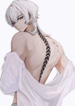 1boy absurdres back_tattoo commentary ear_piercing english_commentary grey_hair grey_pants hair_between_eyes highres looking_at_viewer looking_back male_focus niwa281610 orange_eyes original pants piercing shirt simple_background solo spike_piercing tattoo white_background white_shirt