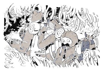 1girl 1kiyota0 3boys animal_costume brick_wall chilchuck_tims covering_face dungeon_meshi dwarf elf facial_hair feeding food fork frog_costume from_behind gloom_(expression) halfling hand_up height_difference holding holding_fork holding_plate hood hood_up laios_touden looking_ahead looking_at_another looking_back marcille_donato monochrome multiple_boys mustache noodles official_alternate_costume open_mouth patchwork_clothes pelt plant plate pointy_ears profile queue senshi_(dungeon_meshi) short_hair sideways_glance tentacles upper_body