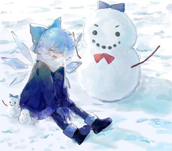 >:) 1girl alternate_costume black_boots blue_bow blue_coat blue_gloves blue_hair blue_pantyhose blue_skirt boots bow bowtie character_snowman cirno closed_eyes coat commentary english_commentary fur-trimmed_boots fur_trim gloves hair_bow happy highres ice ice_wings illtenji laughing open_mouth own_hands_together pantyhose red_bow red_bowtie scarf short_hair sitting skirt snow snowman solo touhou v-shaped_eyebrows white_scarf wings winter winter_clothes