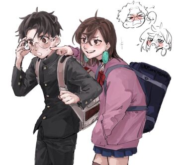 &gt;_&lt; 1boy 1girl adjusting_eyewear ayase_momo backpack bag black_choker black_hair black_jacket black_pants blue_skirt blush bow bowtie brown_eyes brown_hair chibi chibi_inset choker clenched_hand collared_shirt cowboy_shot crossed_bangs d: dandadan dx earrings furrowed_brow gakuran glasses gold_buttons grin hair_between_eyes hand_in_pocket hand_to_own_mouth highres jacket jewelry kp_oretayao medium_hair nervous_sweating open_mouth pants parted_bangs pink_sweater pleated_skirt red_bow red_bowtie round_eyewear school_uniform shirt short_hair skirt smile sweat sweater takakura_ken_(dandadan) teeth white_background white_shirt