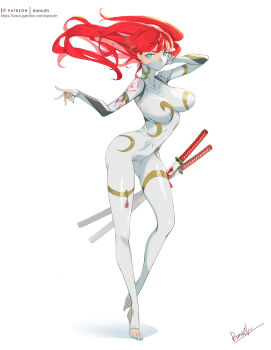 1girl absurdres assassin bamuth blue_eyes bodysuit breasts bright_pupils covered_mouth earrings feet fingernails floating_hair full_body gold highres huge_breasts jewelry katana mask nails ninja one_leg_raised original red_hair sharp_fingernails sharp_toenails sword thighhighs tiptoes toeless_legwear toenails weapon white_background white_pupils