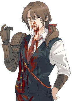 1boy absurdres amputee black-framed_eyewear black-framed_glasses black_gloves black_pant black_pants black_vest blood blood_on_clothes blood_on_face blood_splatter blood_stain bow brown_hair closed_mouth collared_shirt cowboy_shot dress_shirt facial_hair formal_clothes glasses gloves gregor_(project_moon) hair_between_eyes hair_bow hair_ribbon half-closed_eyes hand_on_own_hip hand_up highres id_card joints kikkoinu limbus_company liu_association_south_uniform long_hair long_sleeves looking_ahead low_ponytail male_focus mechanical_arms necktie official_alternate_costume pants parted_bangs photoshop_(medium) pocket ponytail project_moon prosthesis prosthetic_arm red_bow red_necktie red_ribbon ribbon sanpaku semi-rimless_eyewear shirt simple_background single_mechanical_arm sleeves_rolled_up smile solo standing stubble tie_clip under-rim_eyewear undershirt upper_body v-shaped_eyebrows vest white_background white_shirt white_undershirt wing_collar yellow_eyes