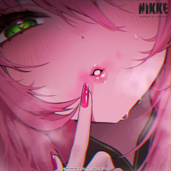1girl absurdres artist_request blush copyright_logo cowboy_shot goddess_of_victory:_nikke green_eyes hair_between_eyes heart highres logo long_hair official_art pink_hair pink_lips pointing_at_mouth sidelocks sweat velvet_(nikke)