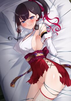 1girl bdsm black_hair blue_eyes blush bondage bound bound_wrists breasts cleavage clenched_teeth covered_erect_nipples defeat detached_sleeves female_focus fishnets hakama hakama_short_skirt hakama_skirt heavy_breathing kurasaki_aya medium_breasts mole mole_under_eye no_panties nontraditional_miko obi on_bed original ponytail pussy restrained sash shiny_skin sideboob skirt tearing_up teeth torn_clothes torn_skirt wire