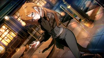 1girl baba_konomi blue_eyes brown_hair buttons cup drinking_glass game_cg glasses high_heels holding idolmaster idolmaster_million_live! idolmaster_million_live!_theater_days official_art pants solo table window wine_glass