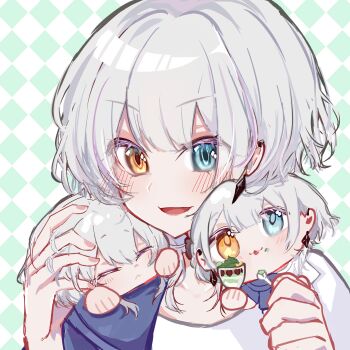 Rule 34 | 3girls, :<, absurdres, bang dream!, bang dream! it's mygo!!!!!, blue eyes, checkered background, chinese commentary, commentary request, ear piercing, earrings, headpat, heterochromia, highres, holding, holding mini person, jewelry, kaname raana, matcha (food), matcha parfait, meeime114514, mini person, multiple girls, multiple persona, open mouth, piercing, short hair, white hair, yellow eyes