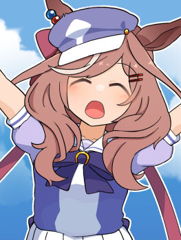1girl animal_ears blue_hat blush bow breasts brown_hair commentary_request ear_covers ear_ornament ears_through_headwear hair_ornament hairclip hat highres horse_ears horse_girl looking_at_viewer matikanetannhauser_(umamusume) medium_breasts medium_hair multicolored_hair newsboy_cap open_mouth school_uniform solo streaked_hair tilted_headwear tracen_school_uniform umamusume yuyunoya