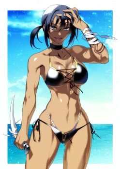 1girl 428 428:_fuusa_sareta_shibuya_de alphard_(canaan) bikini black_bikini black_choker black_hair blue_sky breasts canaan_(series) choker cleavage cloud collarbone commission dark-skinned_female dark_skin holding holding_knife ishida_akira knife looking_at_viewer ocean open_mouth short_hair skeb_commission sky smile solo swimsuit