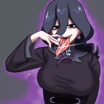 1girl bags_under_eyes black_corset black_dress black_eyes black_hair breasts commentary corset dress earrings english_commentary eyebrows_hidden_by_hair hex_maniac_(pokemon) hex_maniac_(pokemon_legends:_z-a) highres jewelry large_breasts long_tongue mature_female mega_stone nail_polish nintendo pokemon pokemon_legends:_z-a purple_nails romulproduce sharp_teeth single_earring sphere_earrings teeth tongue