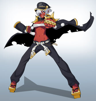 Rule 34 | 1girl, alternate color, banchou, belt, borrowed character, bousouzoku, brass knuckles, breasts, budget sarashi, cape, chuunioniika, clenched hands, coat, colored skin, colorized, delinquent, female focus, geta, hair over one eye, hat, highres, jacket, jacket on shoulders, large breasts, looking at viewer, mouth hold, navel, no shirt, original, peaked cap, pointy ears, red eyes, red skin, revision, sarashi, short hair, silver hair, solo, spikes, straw (stalk), tengu, tengu-geta, tokkoufuku, underboob, weapon