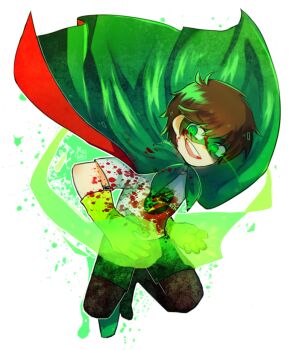 1boy animification blood brown_hair cape commentary edd_(eddsworld) eddsworld english_commentary eye_mask glowing glowing_eyes green_cape green_eyes grey_shirt looking_at_viewer male_focus mask molechan official_alternate_costume open_mouth outline print_shirt shirt short_hair simple_background smile solo superhero_costume transparent_background white_outline