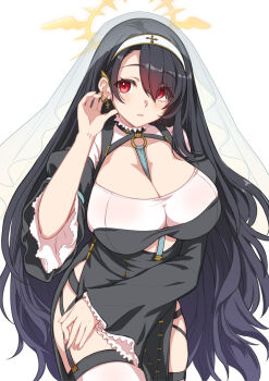 1girl black_hair blue_archive blush breasts bridal_veil cleavage commentary_request cowboy_shot cross cross_earrings earrings eyes_visible_through_hair garter_straps hair_over_one_eye hairband halo hand_up highres hinata_(blue_archive) jewelry kooriyama_azuki large_breasts long_hair looking_at_viewer parted_lips red_eyes simple_background solo veil white_background white_hairband winged_halo yellow_halo