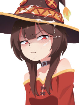 1girl absurdres annoyed artist_name bare_shoulders belt_collar blush brown_collar brown_hair button_eyes buttons collar collarbone cum cum_on_body cum_on_headwear dress facial frown hat highres kono_subarashii_sekai_ni_shukufuku_wo! loli megumin no_lineart off-shoulder_dress off_shoulder red_dress red_eyes short_hair_with_long_locks simple_background solo tobias_wheller upper_body white_background witch_hat