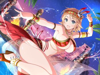 1girl :d architecture bad_id bad_twitter_id bakunyuu bare_shoulders blush breasts cleavage feathers female_focus green_eyes hair_between_eyes hair_ornament hairclip hanabi_(senran_kagura) headband high_heels highres jewelry large_breasts looking_at_viewer mesoamerican_architecture mountain nail_polish navel necklace night night_sky official_art open_mouth orange_hair outdoors palm_tree senran_kagura short_hair skirt sky smile solo sparkle star_(sky) starry_sky temple torch totem tree yaegashi_nan ziggurat