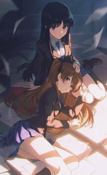 2girls absurdres black_hair black_socks blazer blue_bow blue_bowtie blue_eyes blue_necktie blue_skirt bow bowtie brown_eyes brown_hair closed_mouth collared_shirt commentary_request frown hair_spread_out hand_on_another's_head highres houjou_high_school_uniform jacket lap_pillow loafers long_hair long_sleeves looking_at_viewer lying multiple_girls necktie ogiso_setsuna on_side paper parted_lips plaid_clothes plaid_skirt school_uniform shali shirt shoes sitting skirt socks striped_clothes striped_necktie touma_kazusa two_side_up white_album_(series) white_album_2 white_shirt window_shadow yokozuwari