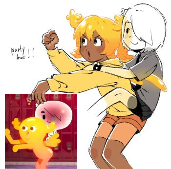 2girls 990shitpost animification bike_shorts bike_shorts_under_skirt black_eyes blonde_hair blush_stickers bracelet carrie_krueger carrying colored_skin commentary_request dark-skinned_female dark_skin english_text ghost hair_over_one_eye highres hood hood_down hoodie horns jewelry korean_commentary light-skinned_palms multiple_girls necktie open_mouth penny_fitzgerald personification piggyback pleated_skirt reference_inset see-through_body short_hair short_sleeves shorts skirt smile spiked_bracelet spikes the_amazing_world_of_gumball thighhighs two_side_up white_hair white_skin yellow_eyes