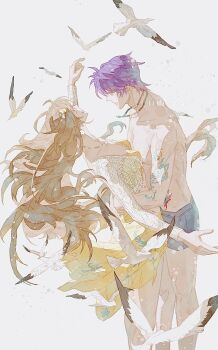 Rule 34 | 1boy, 1girl, arms around waist, bikini, bikini skirt, bird, blue male swimwear, breasts, brown hair, chaoxibumian, closed eyes, commentary request, cowboy shot, feet out of frame, flower, hair flower, hair ornament, hetero, highres, jewelry, lace jacket, long hair, looking at another, love and deepspace, male swimwear, medium breasts, midriff, necklace, official alternate costume, open mouth, outstretched arms, protagonist (love and deepspace), purple hair, rafayel (love and deepspace), short hair, simple background, smile, swimsuit, topless male, yellow bikini