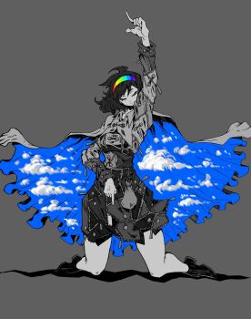 1girl bag blue_hair cape closed_eyes closed_mouth facing_viewer full_body grey_background hairband highres kneeling long_sleeves multicolored_hairband nehitsuji_(syatihokoga) patchwork_clothes pointing pointing_down pointing_up short_hair simple_background sky_print solo tenkyuu_chimata touhou