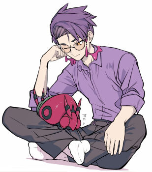 1boy black_pants closed_eyes closed_mouth collared_shirt corbeau_(pokemon) eyewear_strap gen_5_pokemon glasses highres male_focus nintendo one_eye_closed pants pokemon pokemon_(creature) pokemon_legends:_z-a purple_hair purple_shirt round_eyewear shirt simple_background sitting sleeves_rolled_up socks tinted_eyewear venipede white_background white_socks yuuma_(u-ma)