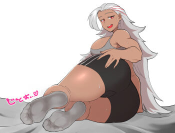 1girl ass bike_shorts breasts cameltoe dark-skinned_female dark_skin deeka_man feet grey_hair grey_socks hand_on_own_ass highres large_breasts long_hair looking_at_viewer lying on_side open_mouth original parted_lips red_eyes socks soles steam sweat toes