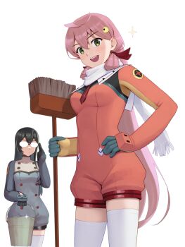 Rule 34 | 2girls, akashi (kancolle), black gloves, black hair, breasts, broom, bucket, cosplay, glasses, gloves, green eyes, hair between eyes, hair ornament, hair ribbon, hand on own hip, holding, holding broom, holding bucket, kantai collection, medium breasts, multiple girls, nono (top wo nerae 2!), nono (top wo nerae 2!) (cosplay), nyan nok cham, nyan nok cham (cosplay), ooyodo (kancolle), opaque glasses, open mouth, pink hair, porupurucha, red ribbon, ribbon, scarf, thighhighs, top wo nerae! (series), top wo nerae 2!, tress ribbon, white scarf, white thighhighs